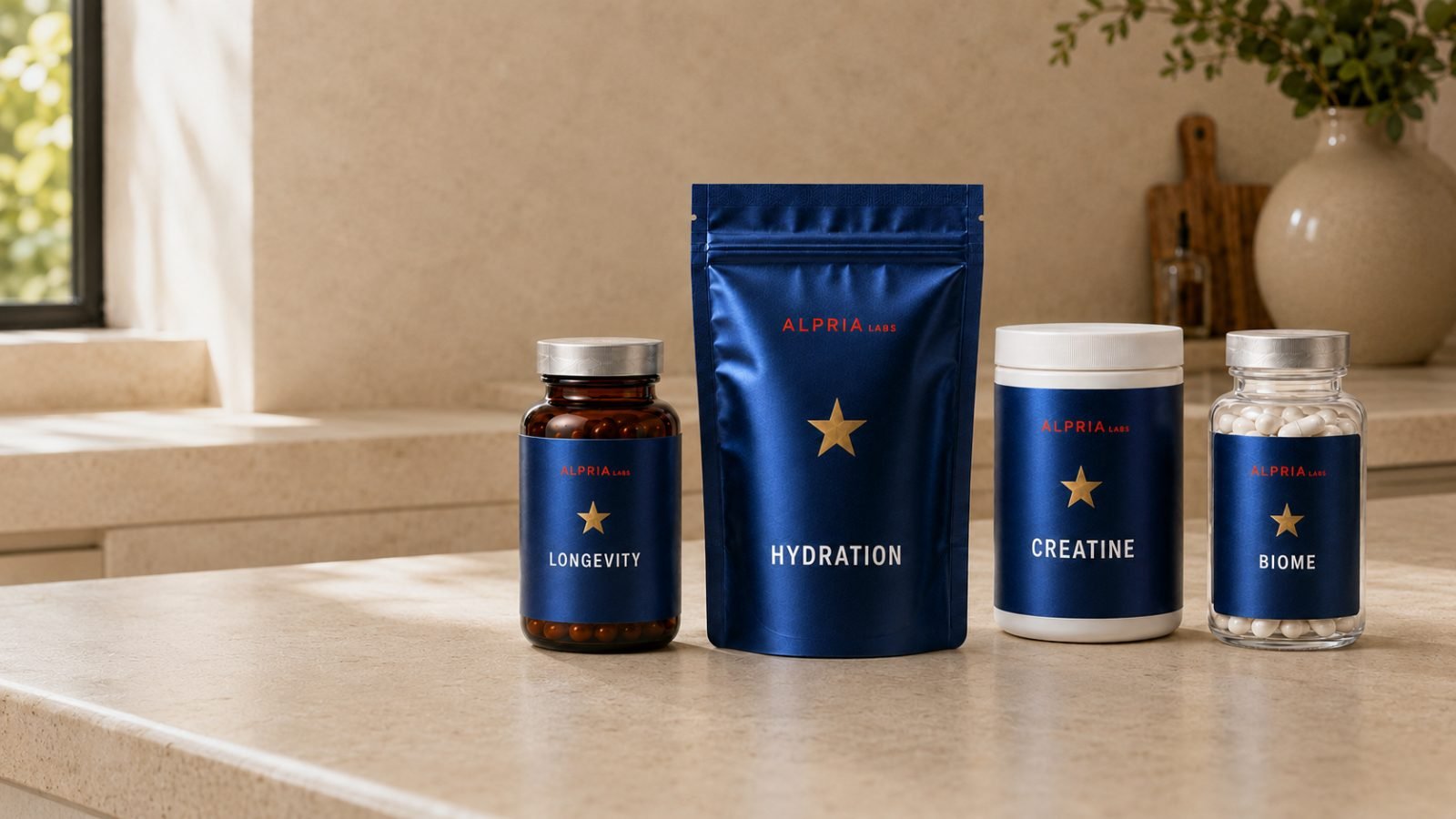 Four ALPRIA LABS supplements — Longevity, Hydration, Creatine and Biome — on a kitchen counter in daylight.