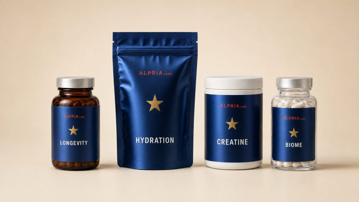 The ALPRIA LABS product family: Longevity capsules, Hydration pouch, Creatine tub and Biome capsules.